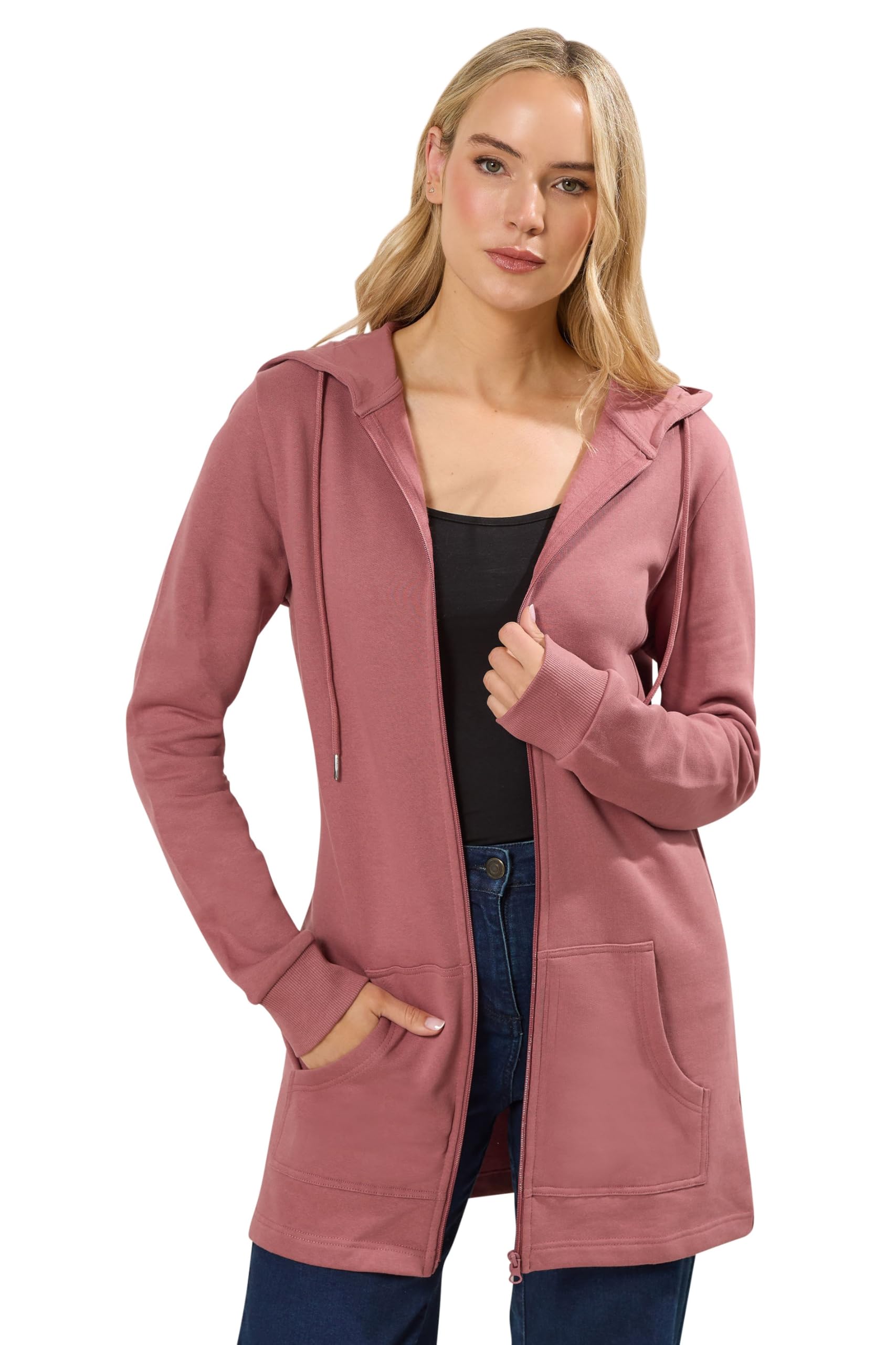 Long Tall Sally Longline Zip Through Hoodie, Pink, Size 18, Women
