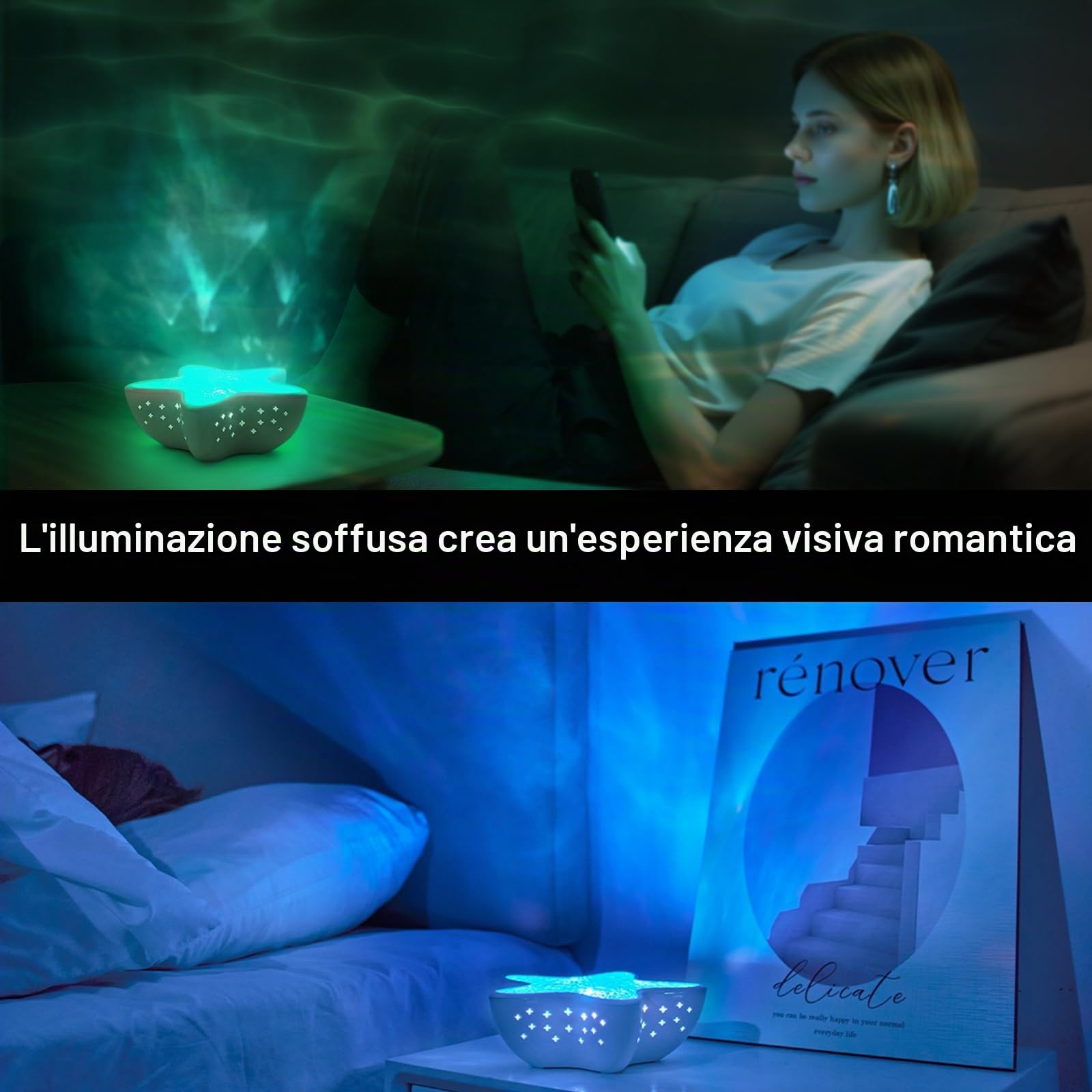 AmmToo Proiettore di cielo stellato a LED con effetto aurora, luce polare per bambini e adulti, luce notturna a forma di onda d'acqua con oscuramento a stella, proiettore di stelle