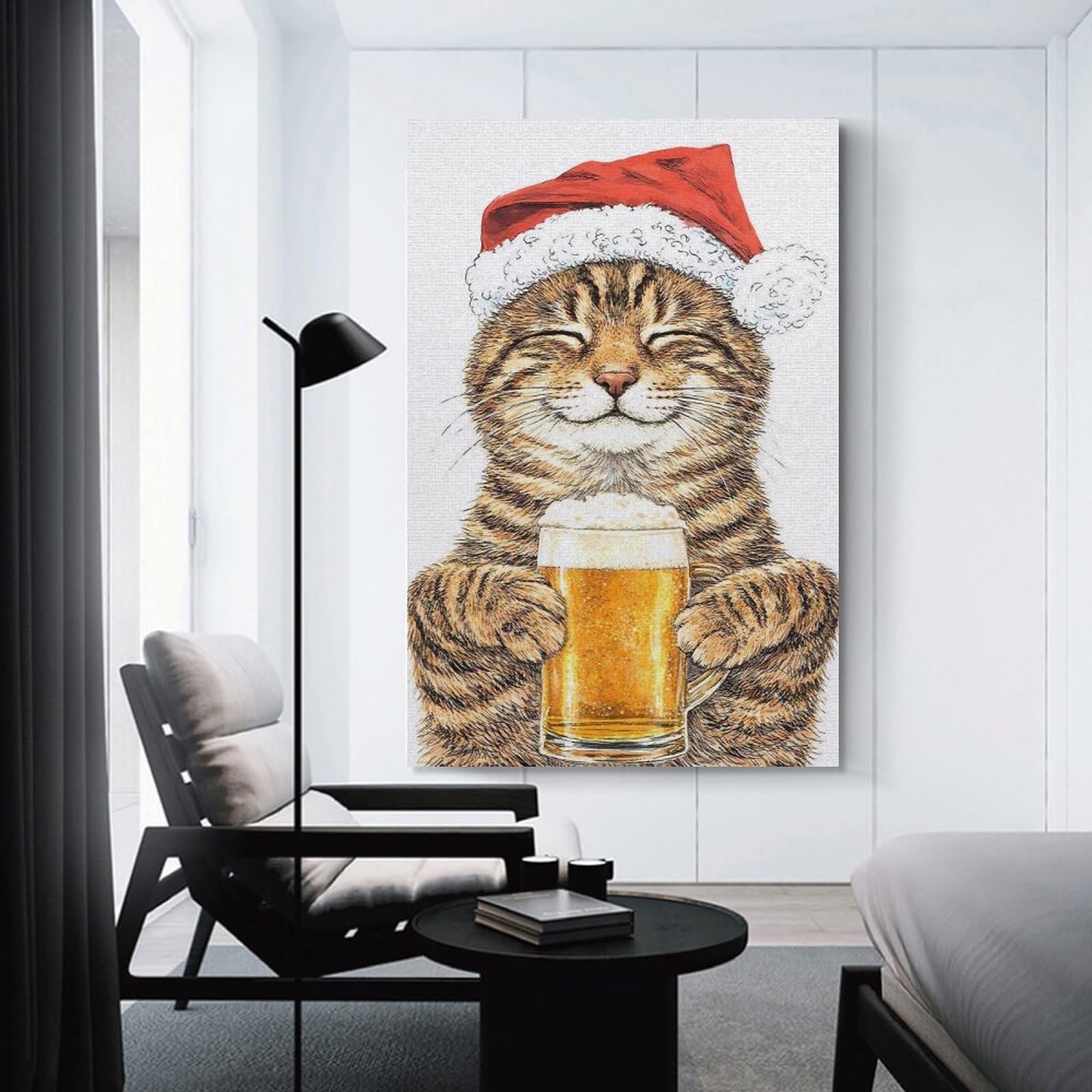 Junmoney Wall Art Print Cat in Santa Hat with Beer, 24x36inch(60x90cm), for Home Lounge, Bedroom Or Reading Nook, Modern Wall Decor for Cosy Interiors