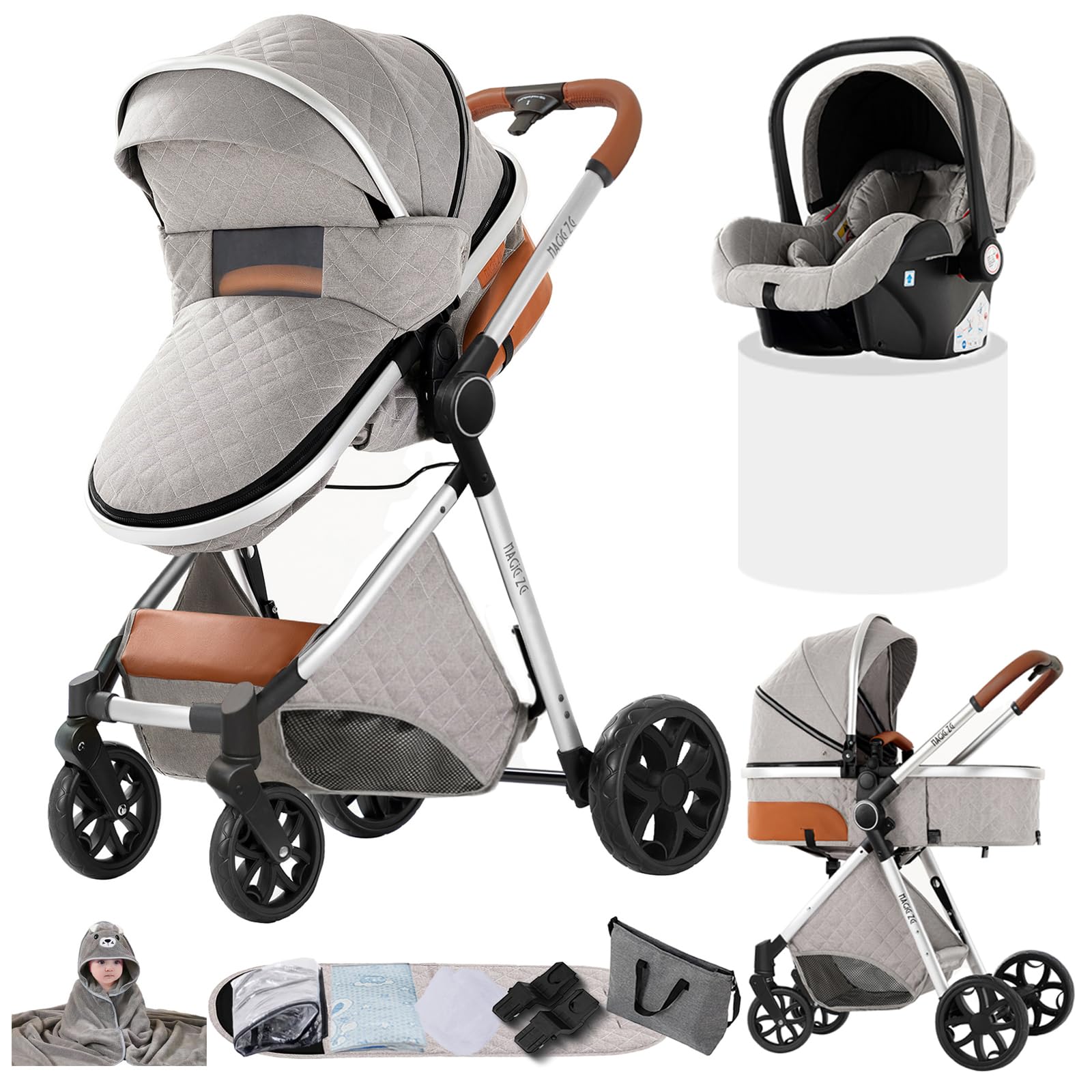 Carro Bebe 3 Piezas, Carrito Bebe 3 en 1 con Dos Modos de Empuje Reversibles, Cochecito Tres Piezas con Capazo Grande Cómodo, Carricoche Tres Pieza Alto Paisaje (YV9 Light Grey)