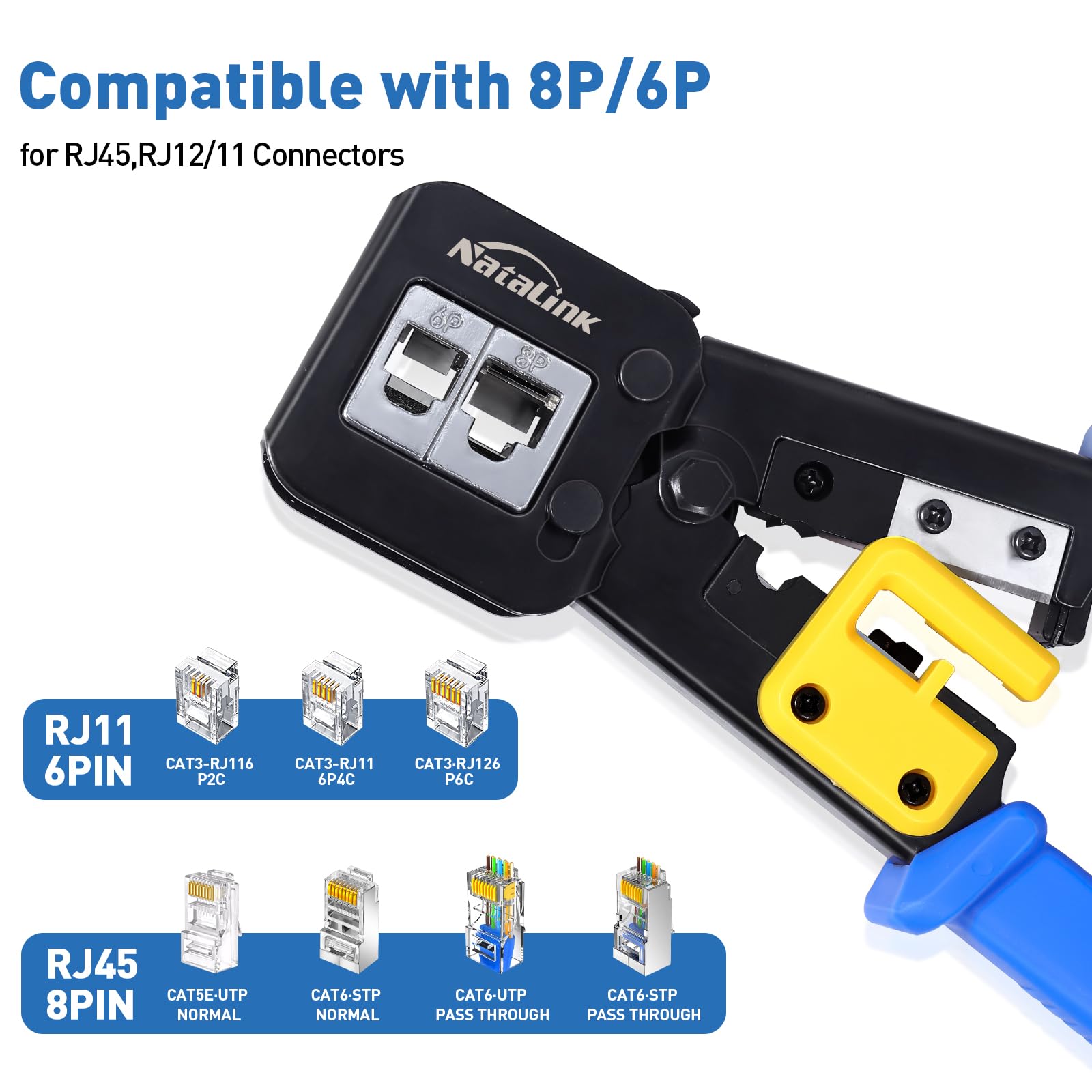Crimpatrice RJ45 pass-through, crimpatrice Ethernet Cat 6 Cat 5E Cat 5 All-in-One RJ45 con 30 connettori Cat6 RJ45 pass-through e lama di ricambio
