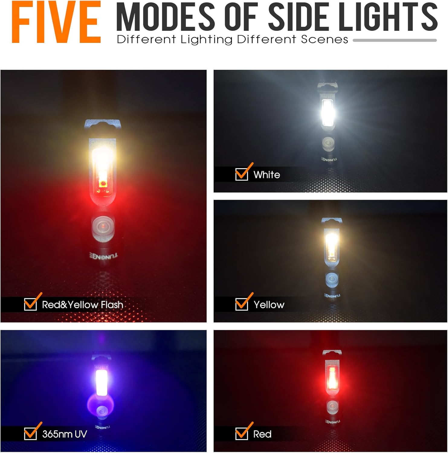 TUNENGE S15Pro COB side light modes: White, Yellow, Red, Red & Yellow Flash, 365nm UV