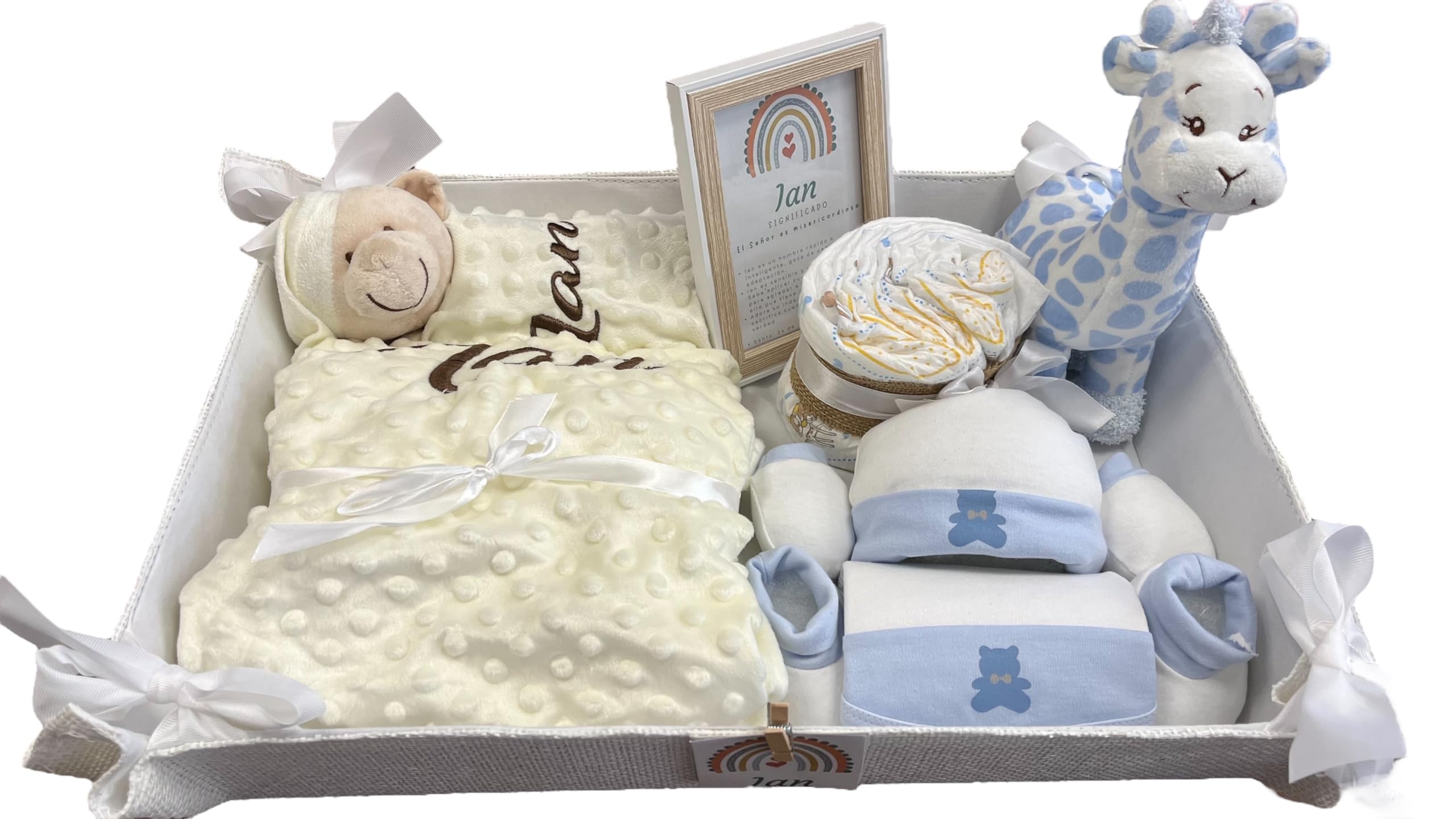 Danielstore Velvet Cesta para Regalo Recién Nacido, Canastilla Bebé Personalizada, Manta y Dou Dou Osito Bordada, Incluye Set de Primera Puesta y Pastel de Pañales (Deluxe 2 Beige)