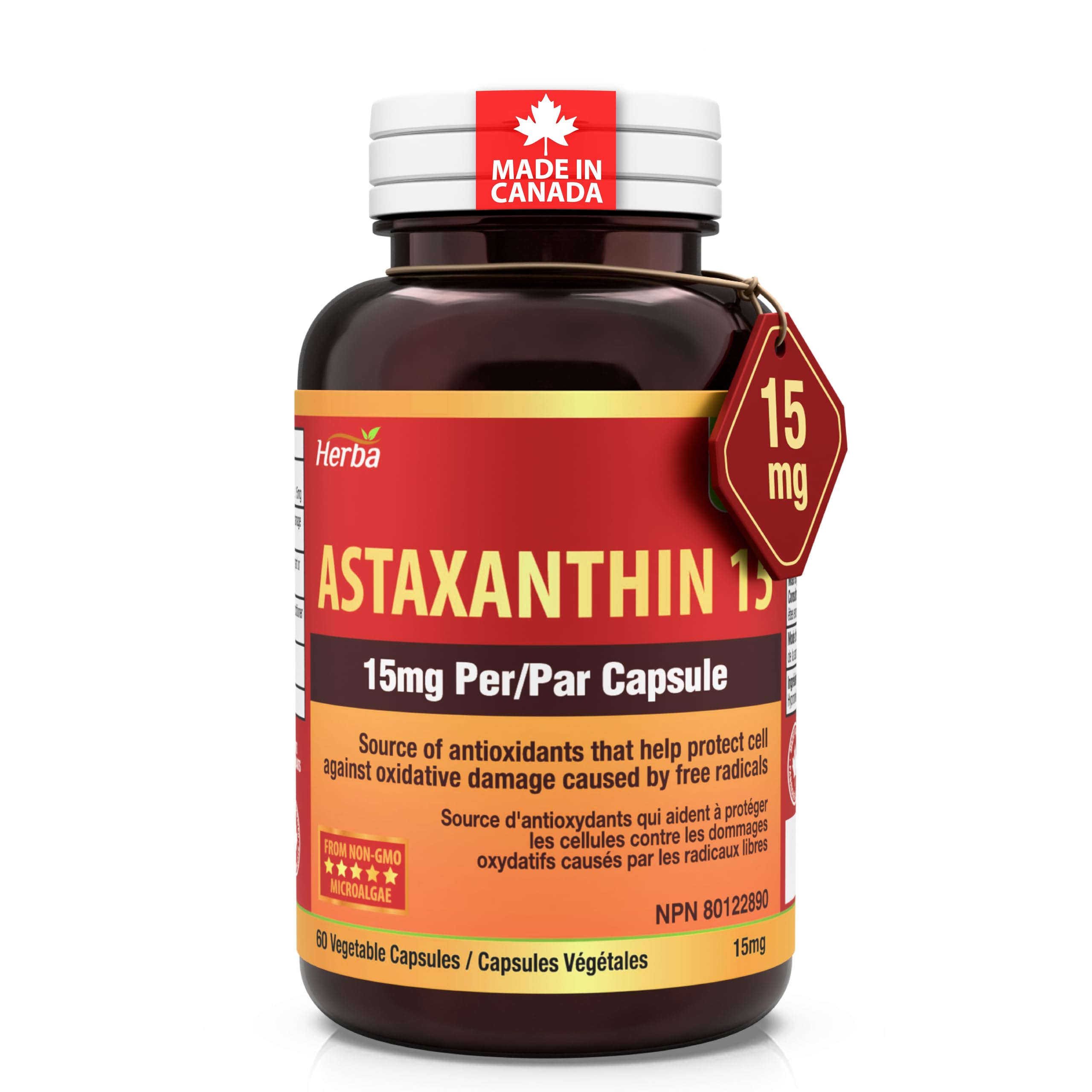 Herba Astaxanthin Supplement 15mg – 60 Vegetable Capsules | Made with Non-GMO Micro-algae | Source of Antioxidant | Made and Third Party Tested in Canada
