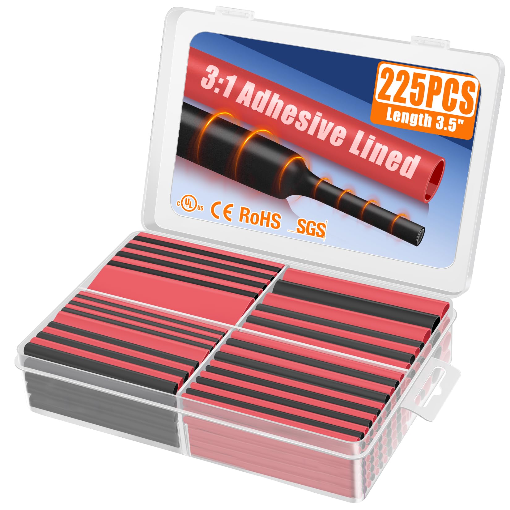 XHF UL Listed 225 Pcs Length 3.45" 3:1 Waterproof Heat Shrink Tubing Kit Marine Grade Adhesive Lined Heat Shrink Tube, Insulation Sealing Oil-Proof Wear-Resistant Black&amp;Red