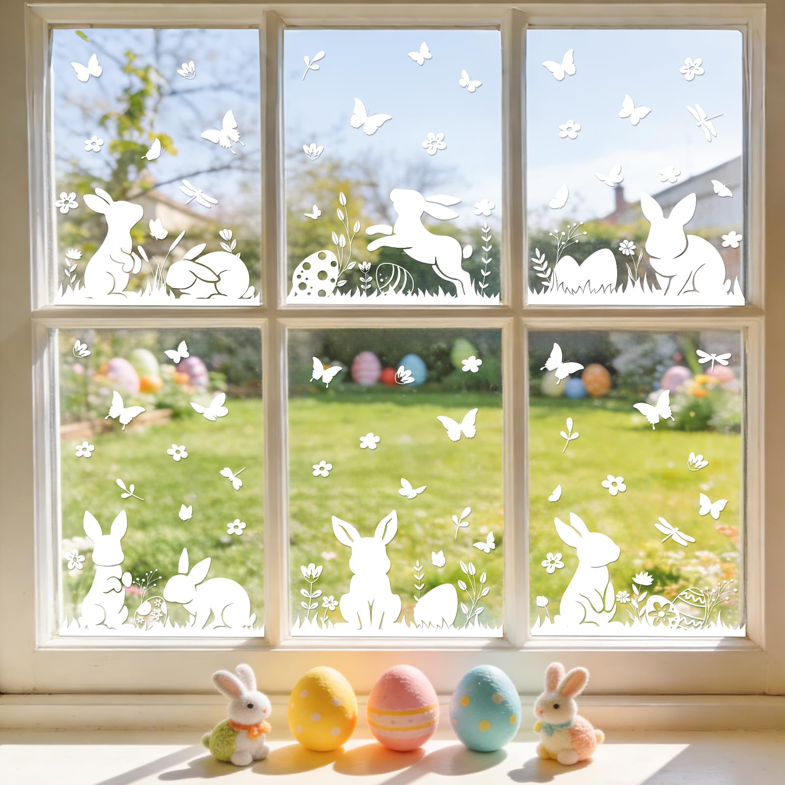 Inreeme Fensterbilder Ostern Selbstklebende Fensterdeko - 8 Bögen Fenstersticker für Ostern Deko mit Hasen und Ostereiern, Widerverwendbare Statische Fensteraufkleber für Frühlingsdeko Osterdeko
