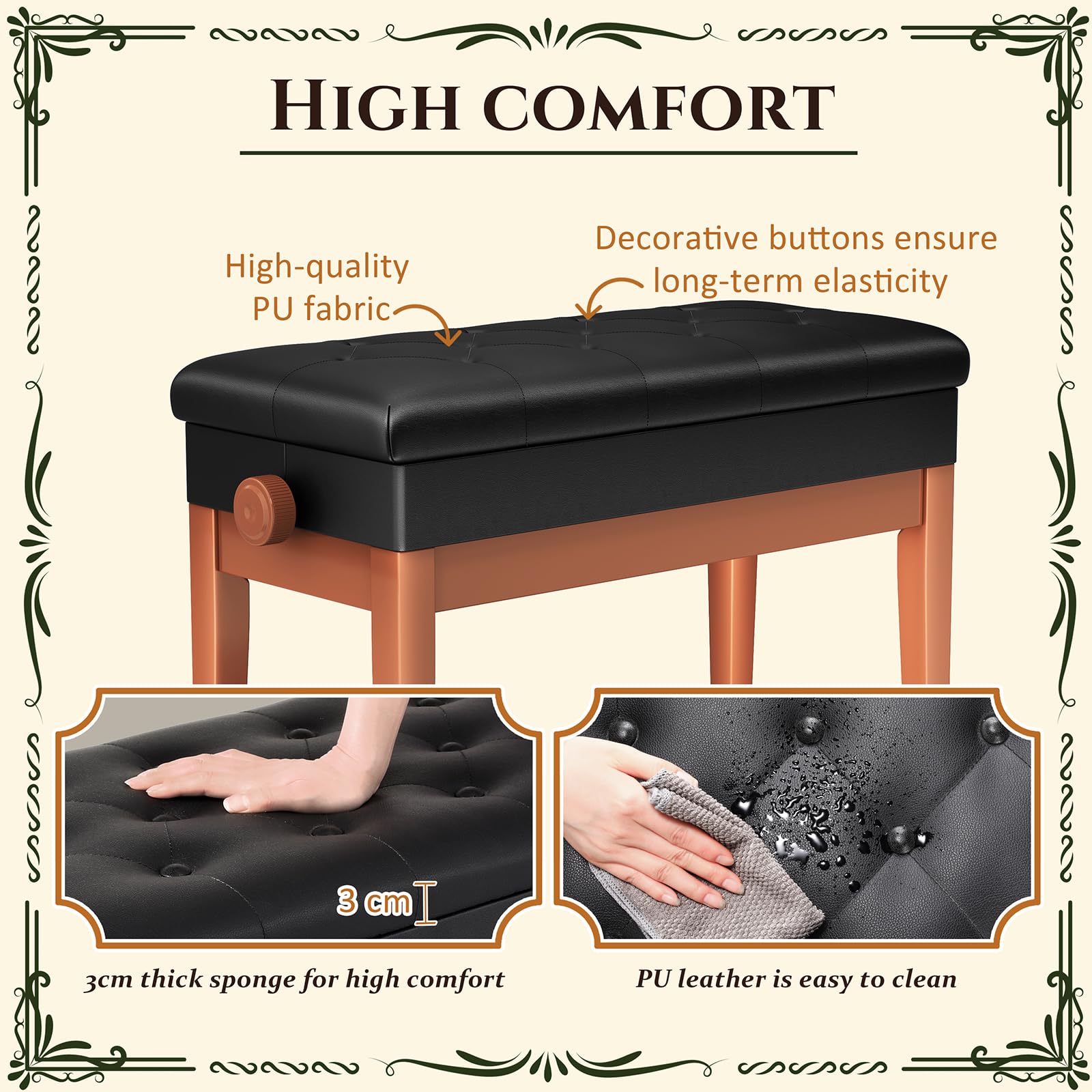Clevich Tabouret de Piano réglable en Hauteur, Banc de Piano Double, avec Espace de Rangement, Banquette Piano avec Coussin en Cuir PU, Charge maximale : 200 kg, Couleur Bois