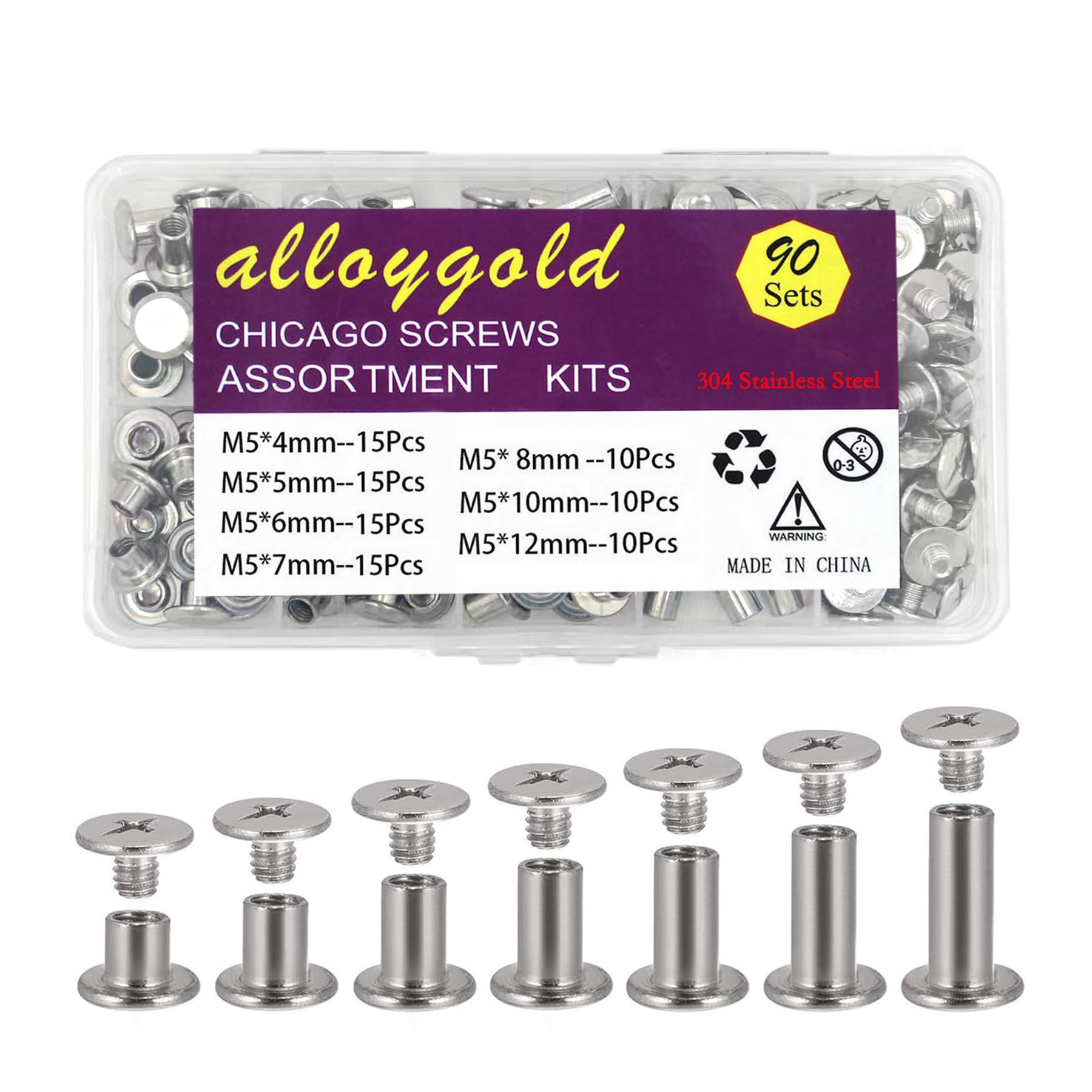 90 Sets 304 Stainless Steel Chicago Screws Leather Rivets for DIY Leather Craft and Bookbinding (M5 X 4, 5, 6,7, 8, 10, 12)-image-11