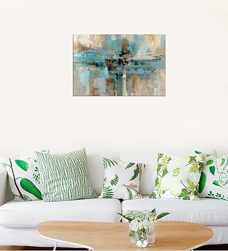 Vista 7 de DZL Art A74769 - Impresiones en lienzo abstractas para pared, pinturas artísticas azules y marrones, lienzo estirado de madera, enmarcado para sala