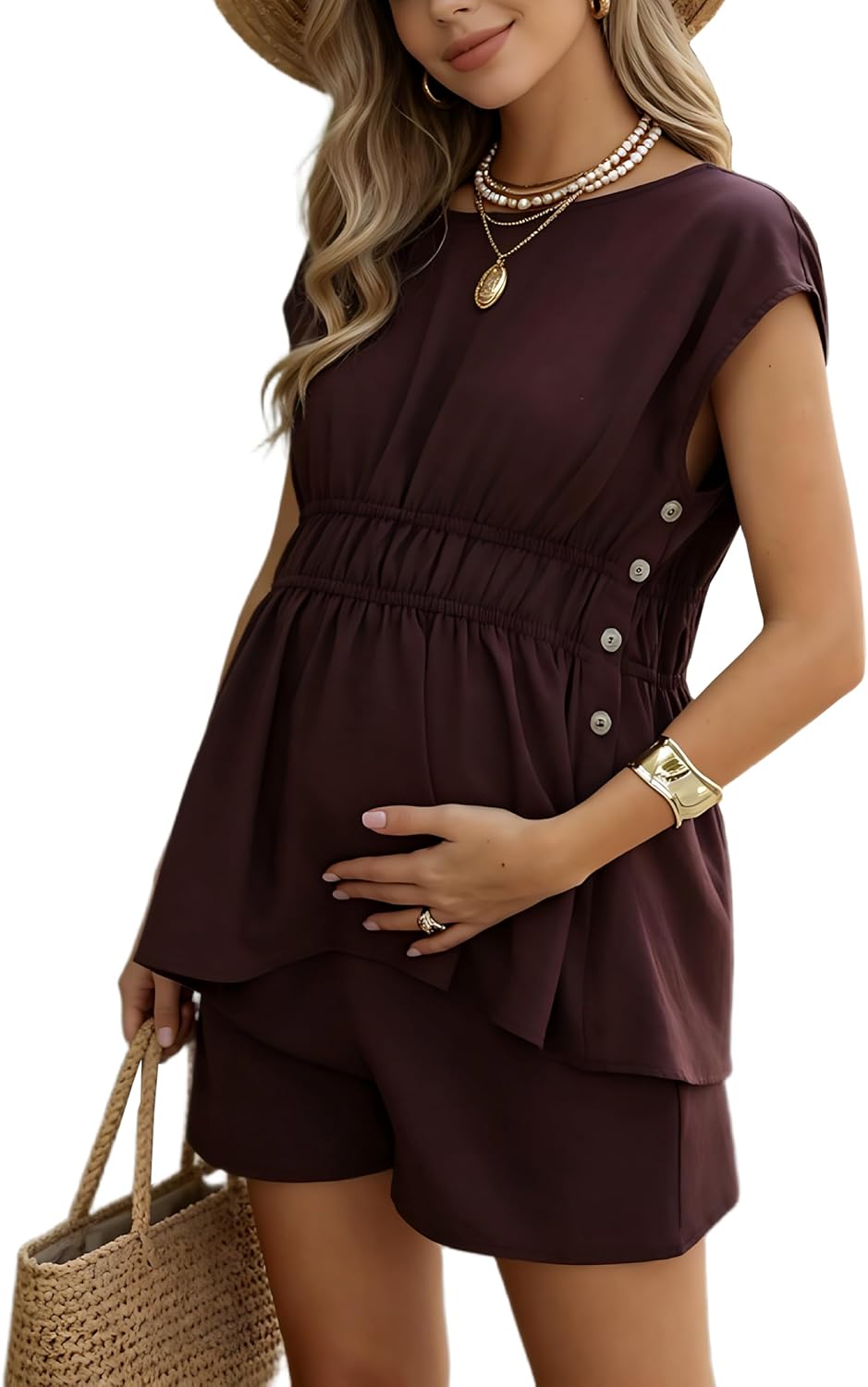 Joyfunear Women Ruffle Maternity Two Piece Lounge Set Cap Sleeve Top and Shorts Summer Outfit Nursing Loungewear With Buttons