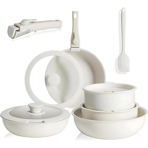 Simple Deluxe 12 Pcs Nonstick Cookware Sets, Pots and Pans Set, White Granite Induction Cookware with Detachable Handle, Oven Safe, PFAS and PFOA Free, Beige