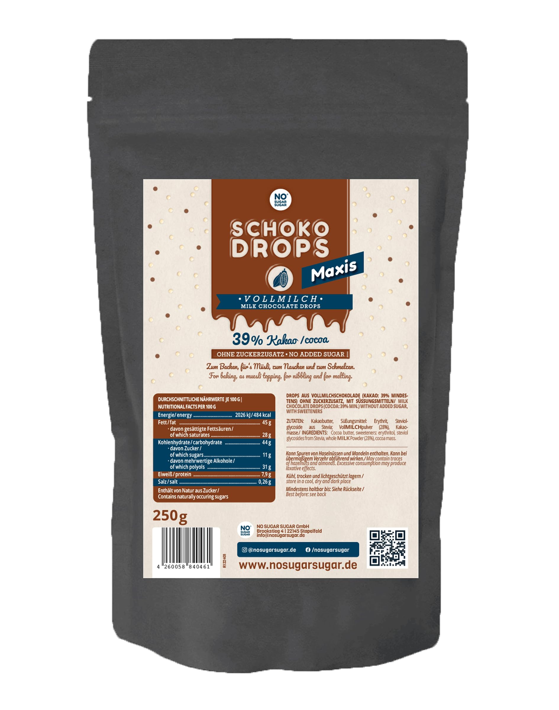 Schokodrops ohne Zuckerzusatz - NO SUGAR SUGAR Probierset Vollmilch, Weiß & Zartbitter (3x 250g)