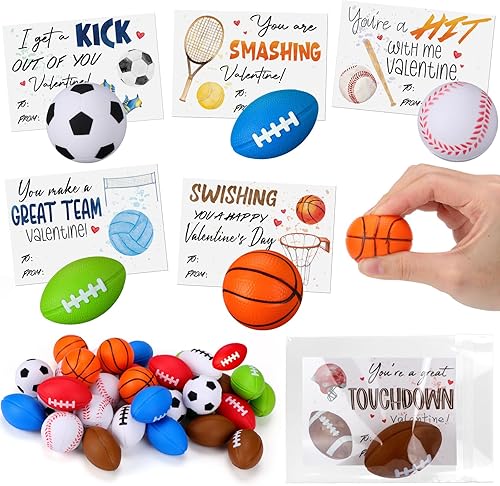 Gemscream Juego de 32 juegos de regalo para el día de San Valentín para niños, pelota de estrés deportiva con tarjetas del día de San Valentín,
