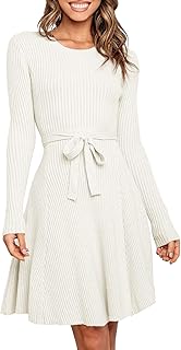 Women's Long Sleeve Midi Dress Crewneck Tie Waist A-Line Swing Casual Bodycon Ribbed Knit 2025 Fall Sweater Dress - Buy now