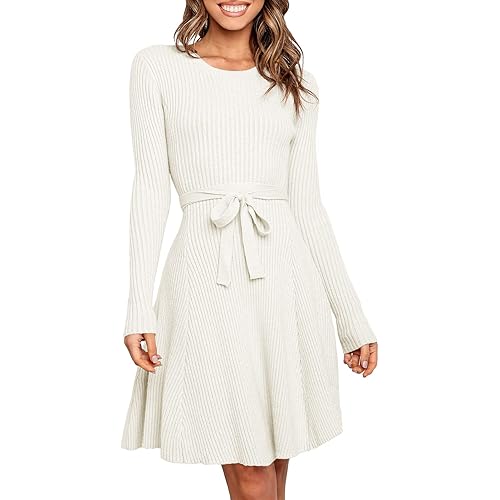 ANRABESS Women's Crewneck Long Sleeve Tie Waist A-Line Swing Bodycon Short Dress Casual Solid Ribbed Knit Sweater Dress