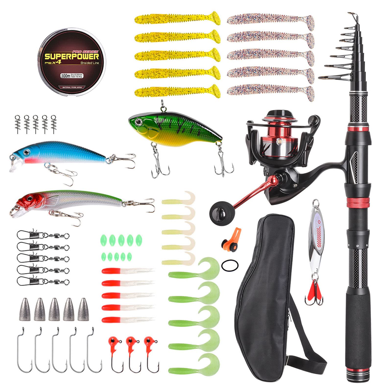 Set di canne da mare a sezione corta rosso nero Set di canne da pesca retrattili Set di esche da pesca Attrezzatura da pesca per adulti Acqua salata Acqua dolce