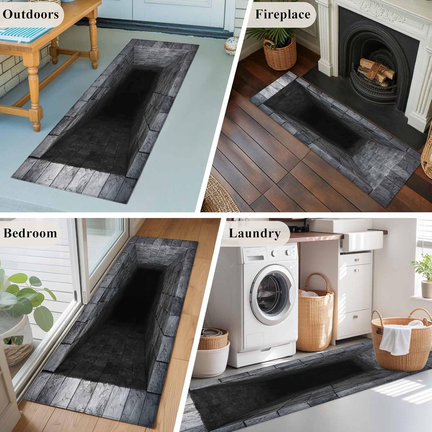 Optical Illusion Kitchen Runner Rug 2x6 Washable Runners for Hallway Non Slip Abstract 3D Large Area Rug Black Grey Looks Like Holes Indoor Carpet for Bathroom Laundry Entryway Bedroom Living Room
