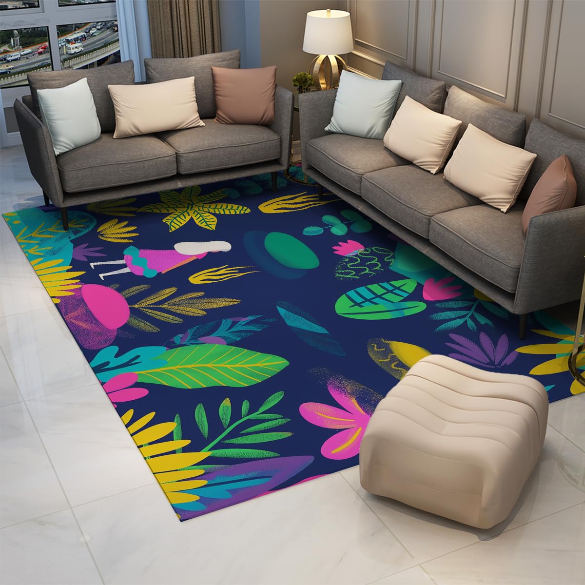 Dywan w stylu boho, 160 x 200 cm, kolorowe liście, kwiaty, kreskówka, figurka, dywan z niskim runem, antypoślizgowy, nowoczesny do pokoju dziecięcego, pokoju zabaw