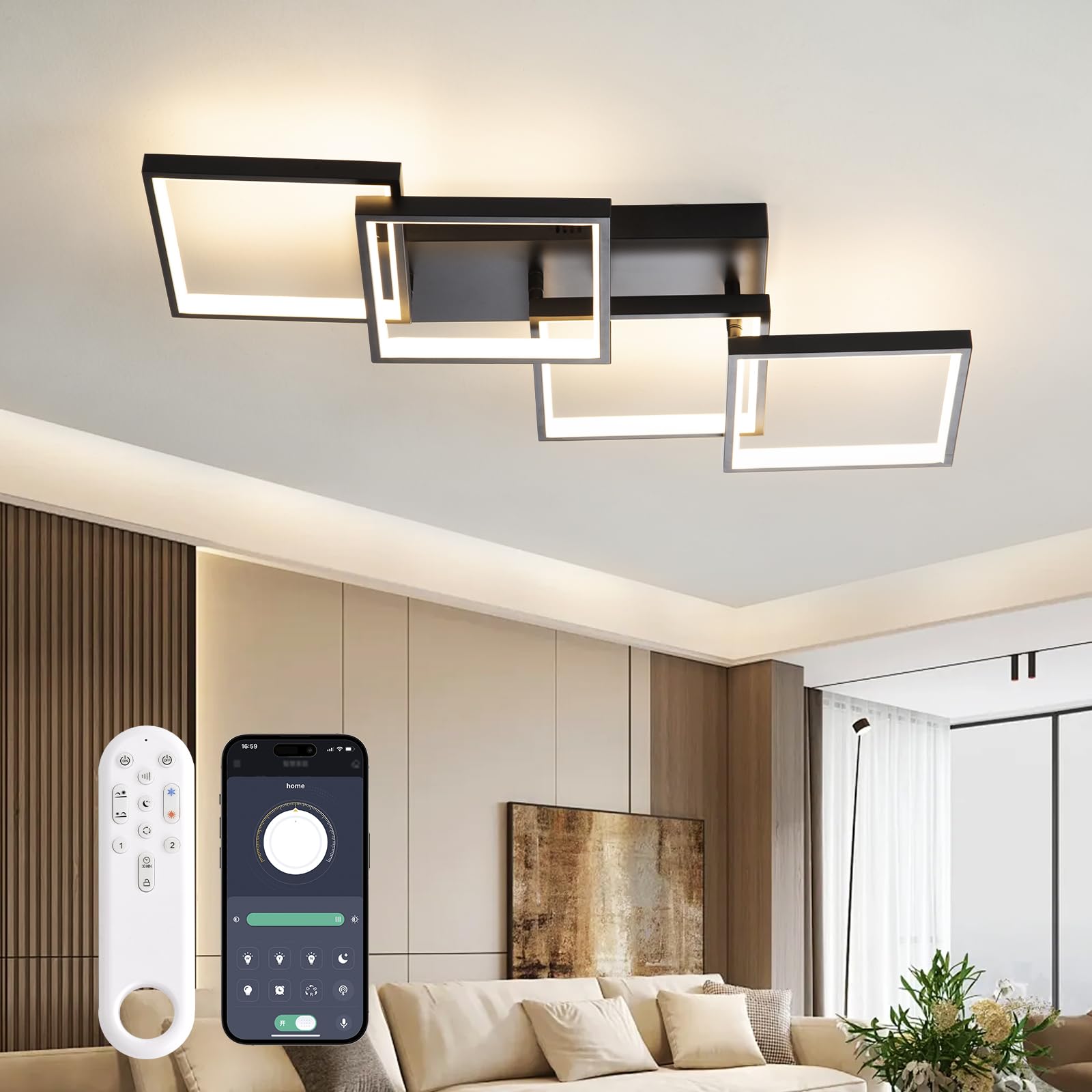 YZBEIMDAI LED Moderna Plafoniera LED Soggiorno, 82CM/48W Dimmerabile Lampadari Decorativa con Telecomando, Plafoniera per Soggiorno geometria con funzione di memoria e funzione timer