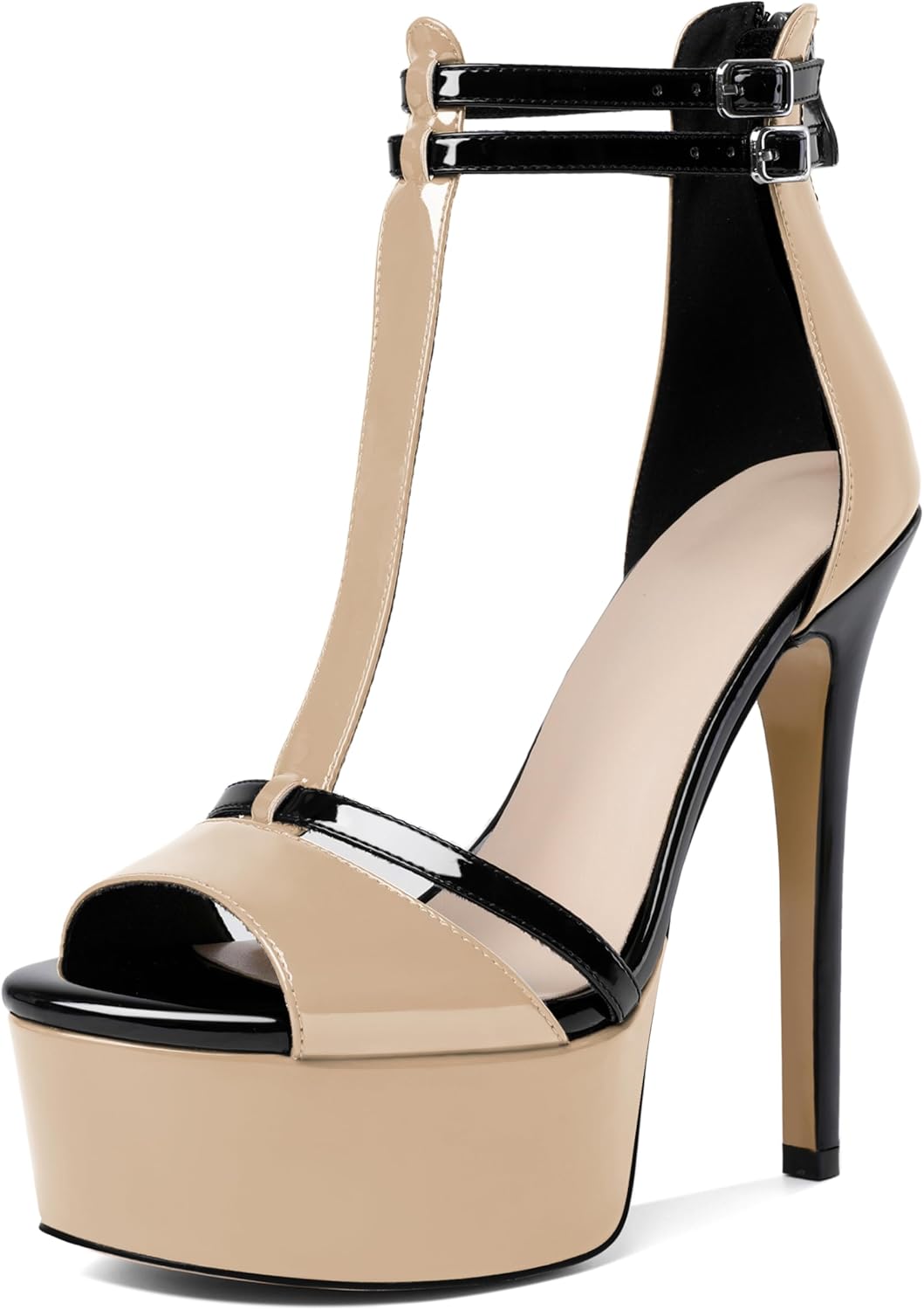 Esvowido Platform Heels for Women Open Toe T-Strappy Stiletto High Heels Sandals 5.5 Inch Double Ankle Strap Pump Shoes with Back Zipper