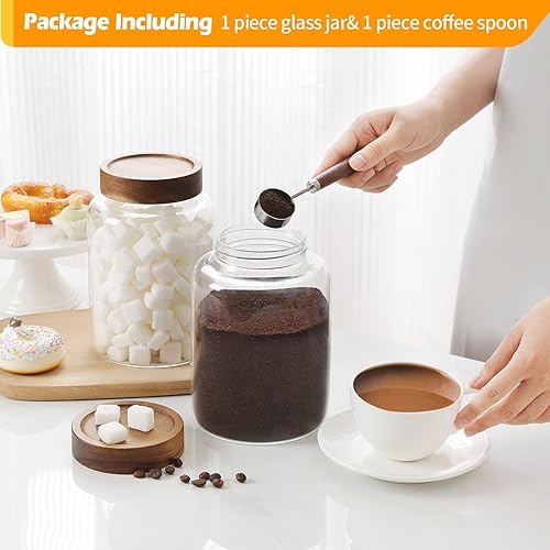 Miniatura 5 de Tarros grandes de vidrio para café con cucharas de 60 onzas60.9 fl oz, recipiente redondo de almacenamiento con tapa de madera, tarro de alimentos