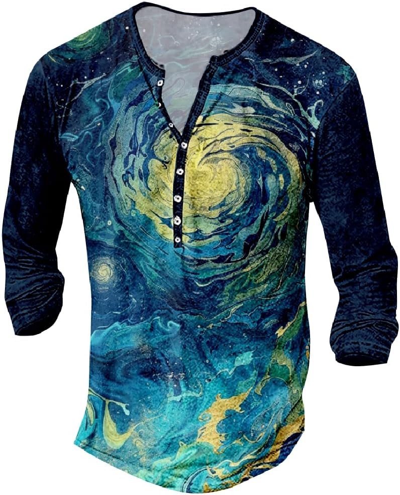MARSVOVO Mens Graphic T-Shirts Fashion Print Henley Shirts Loose Casual Lightweight Workout Shirt Soft Vintage