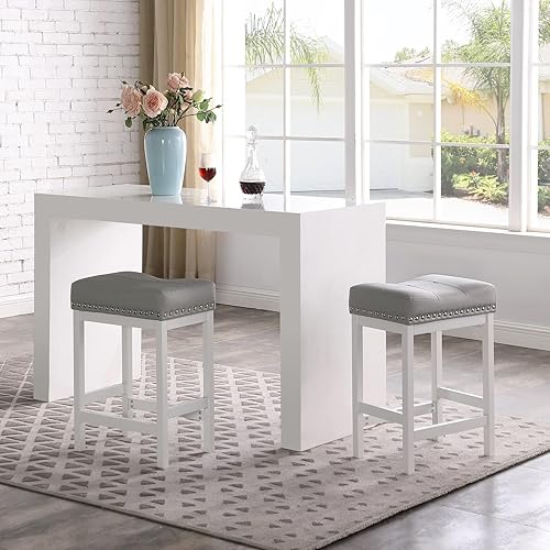 Miniatura 5 de OUllUO Juego de 2 taburetes de bar grises, taburetes de bar de altura de mostrador, taburetes de silla de montar, taburetes de piel sintética con