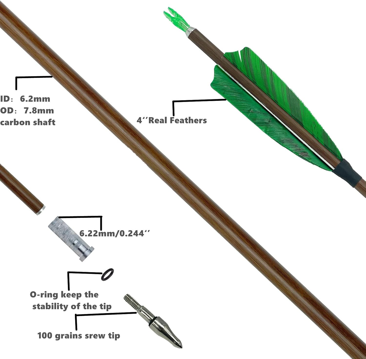 WZYJY 12 Pcs Carbon Arrows 30 Inch, Hunting Arrows for Compound Bow ＆ Recurve Bow with Replaced Arrowhead Tip, Crossbow Bolts 500 Spine with Green Turkey Feather : Sports & Outdoors