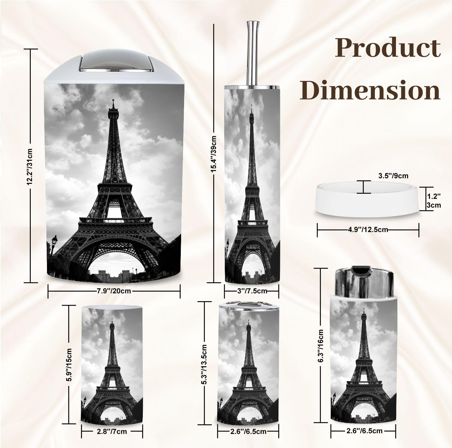 Bathroom Accessory Set 6 Piece Eiffel Tower Black White Effect Paris France Toothbrush Cup Toothbrush Holder Soap Dispenser Soap Dish Trash Can with Lid Toilet Brush Holder Counter Decor