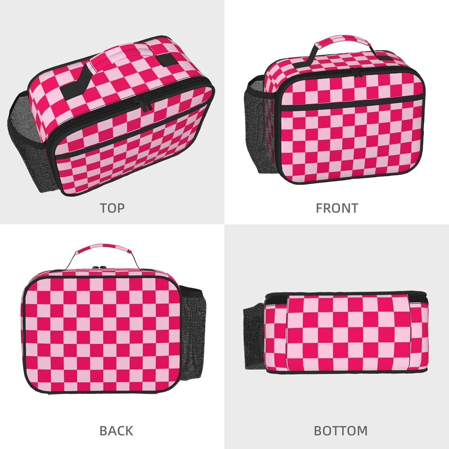 Pink And White Checkered Checker Checkerboard Square Grid Insulated Lunch Bag For Women Men Large Reusable Lunch Box For Adult Portable Cooler Tote Bags For Work, Picnic Or Travel