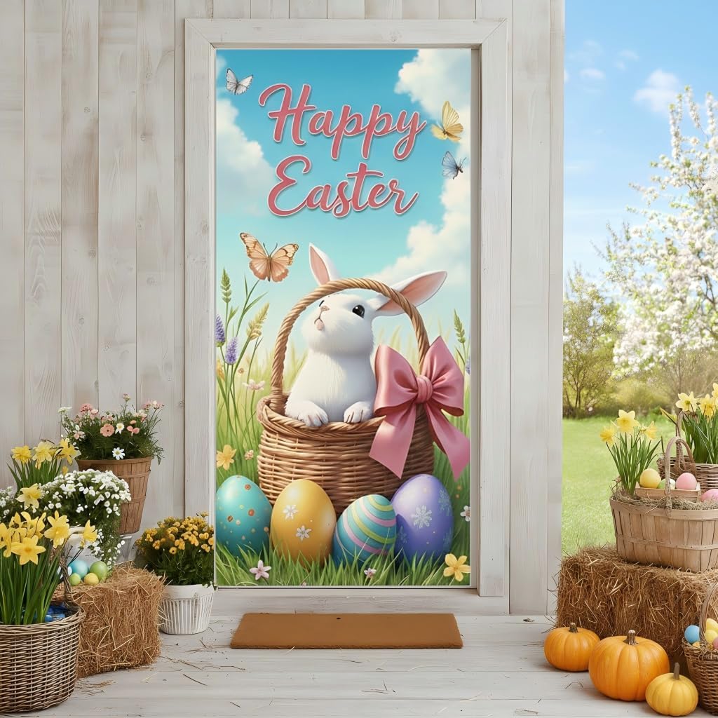 Happy Easter Door Cover Decoration Spring Easter Day Door Banner Large Floral Spring Backdrop Hanging Banner for Holiday Spring Indoor Outdoor Party Supplies 71x35 Inch