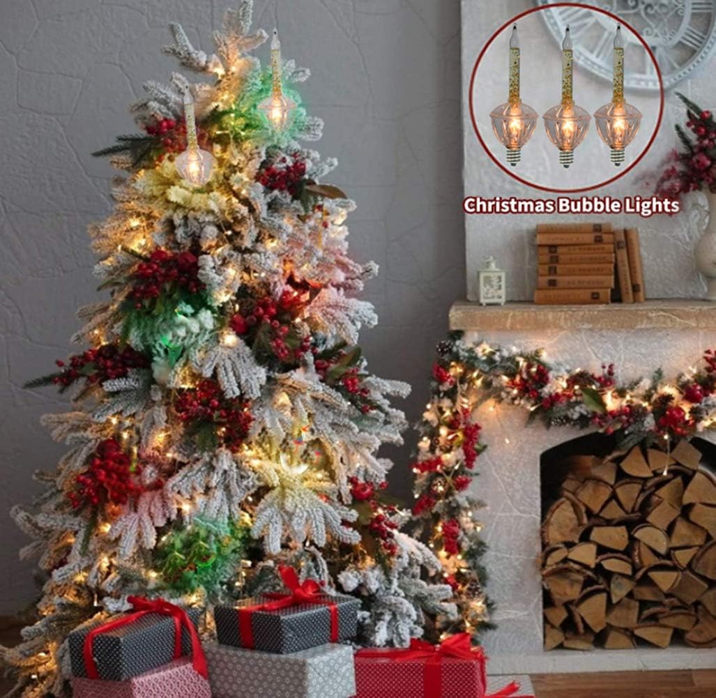 Couah Christmas Bubble Lights,Vintage Light String Set 11Ft 7 Clear Bubble Fluids with Gold Glitter C7/E12 Candelabra Base UL-Listed for Holiday Christmas Lighting Green Wire