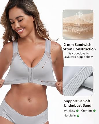 Lemorosy Front Closure Posture Bras for Women Full Coverage Back Support Wireless Comfortable Everyday Bra