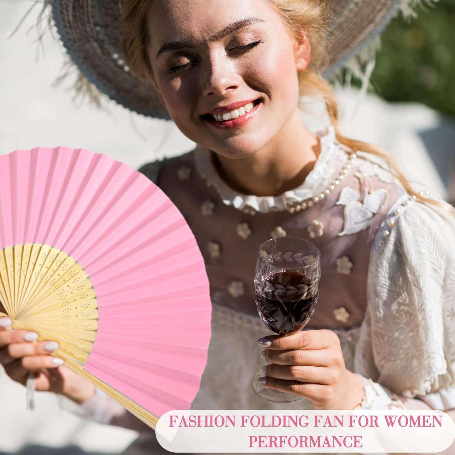 Roowest 50 Pack Handmade Paper Folding Fans with Gift Bags Thank You Card, Bamboo Handheld Folded Fan for Home DIY Office Decor Wedding Party Baby Shower Party Gift Accessories (Pink)