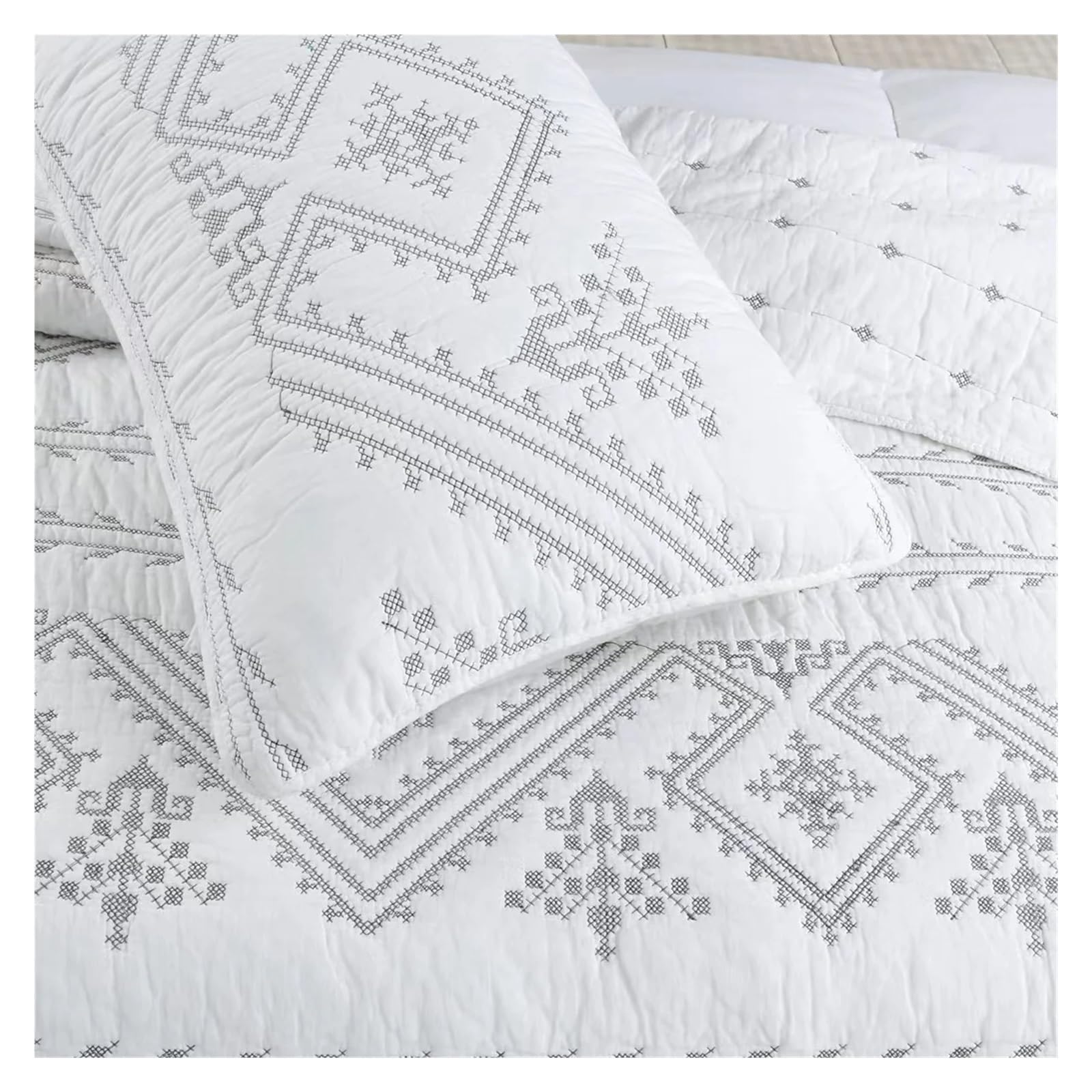 ADovz Copriletto in cotone 3 pezzi sul letto Plaid Copriletto ricamato Coperta di biancheria da letto Copriletti e coperte nordici Coprimaterasso,Lenzuola