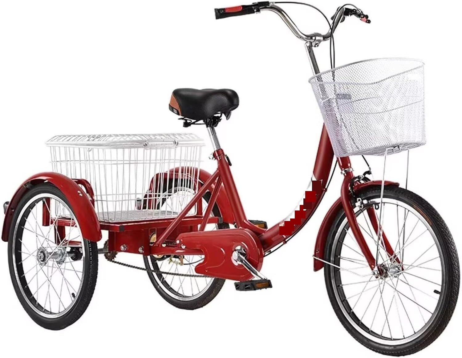 Bicicletta a tre ruote Trike for adulti a tre ruote, cestello da carico con freno a campana 18 pollici, telaio in acciaio al carbonio nero rosso(Red)