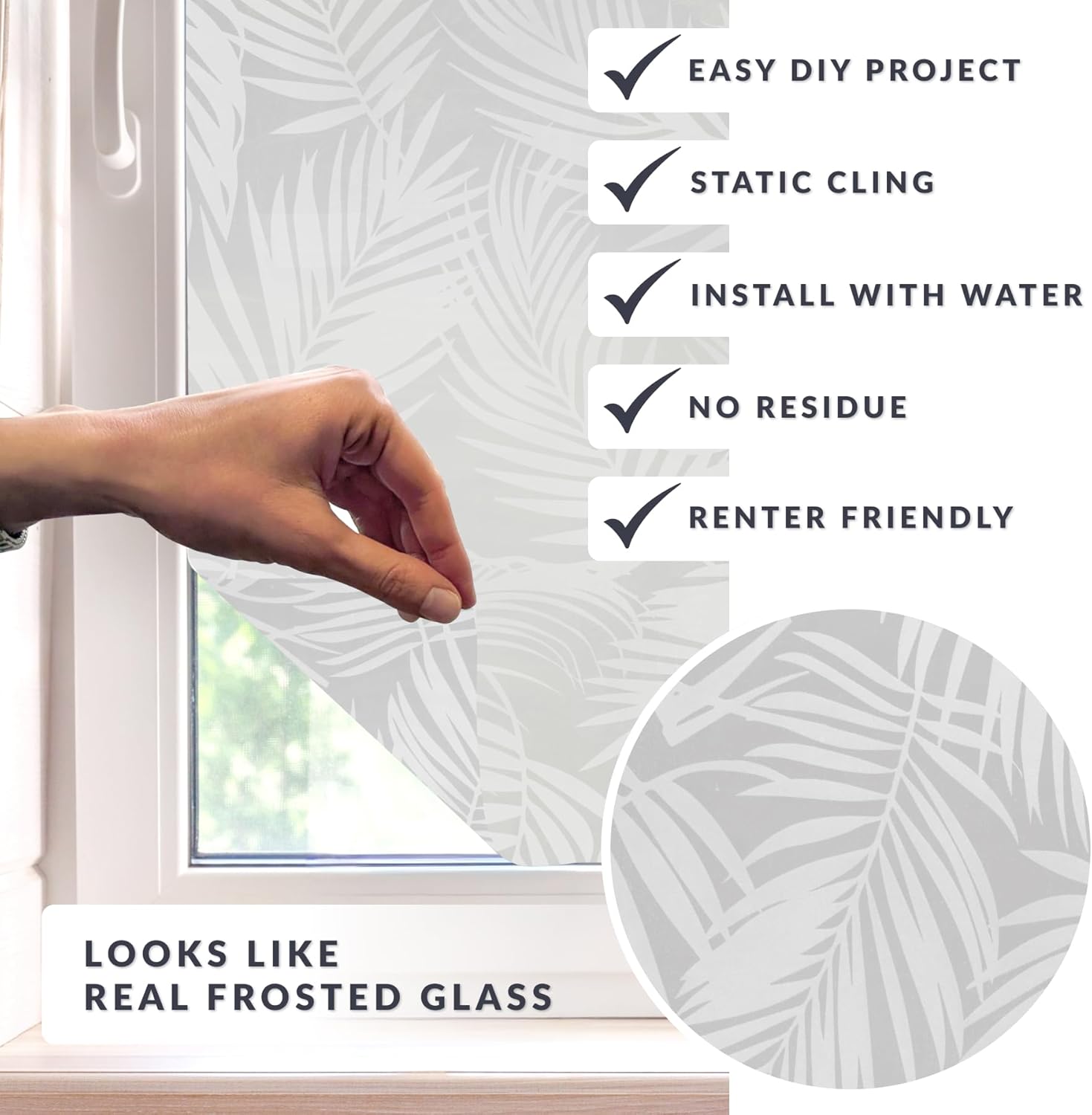 Etched Palm Sidelight Window Privacy Film by Artscape - Decorative Frosted Glass Design, Static Cling, Full Coverage Privacy, Light Control, Water-Applied Installation, Made in USA - 12 x 73 Inch