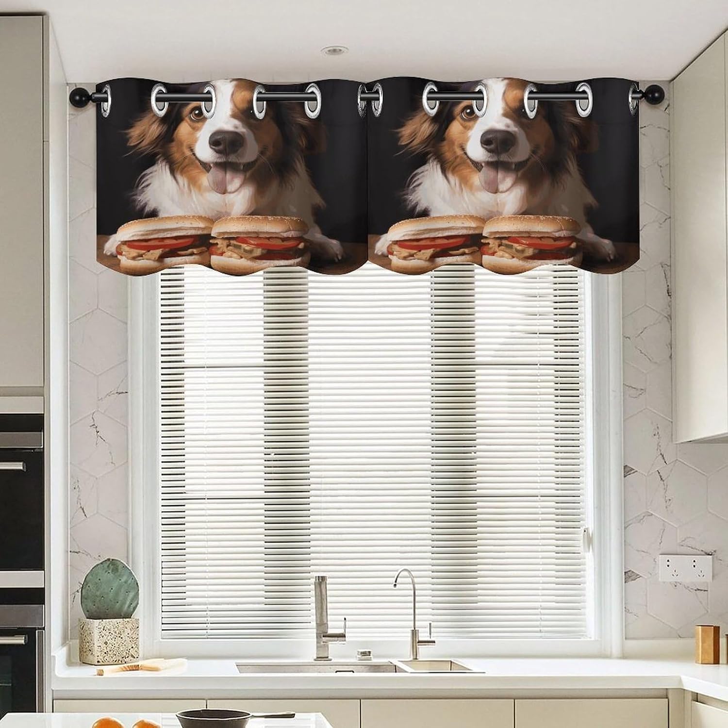 Dog Holding A Hot Dog Curtain 2 Panels, Polyester Fiber, Blackout Insulated Window Curtain, Curtain Valance for Kitchen Dining Room Living Room Cafe Small Window 52 * 18.1 Inches