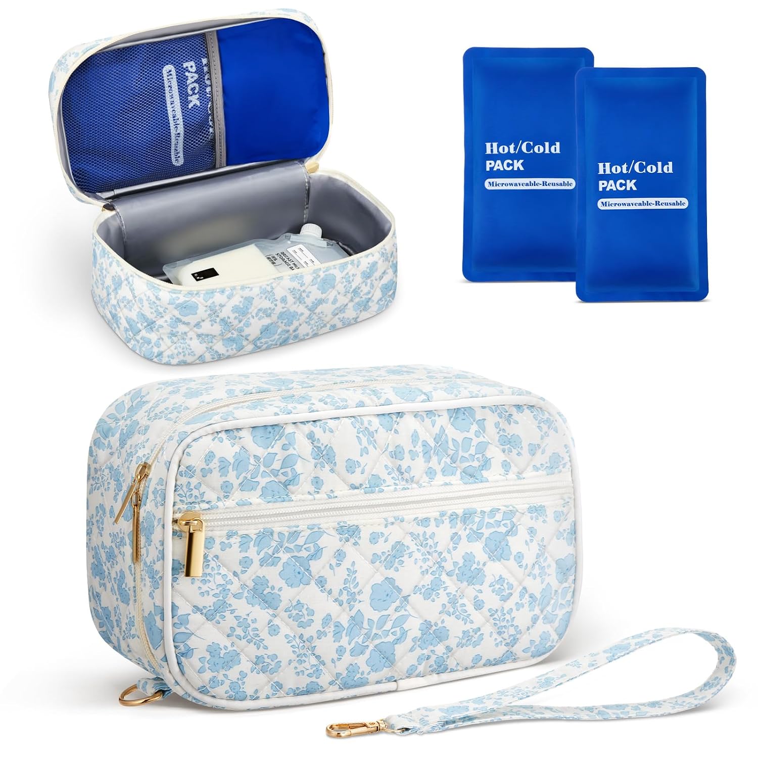 Abbylike Breast Milk Cooler Travel Bag with 2 Ice Pack, Blue Floral Portable Insulated Breastmilk Cooler Travel Bag, Small Stylish Storage with Detachable Wrist Strap for Nursing Mom Daycare