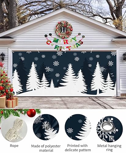 Miniatura 8 de Pancarta de Navidad para puerta de garaje, 7 x 16 pies, árbol de Navidad brillante, copo de nieve, rojo y blanco, decoración de puerta de garaje de