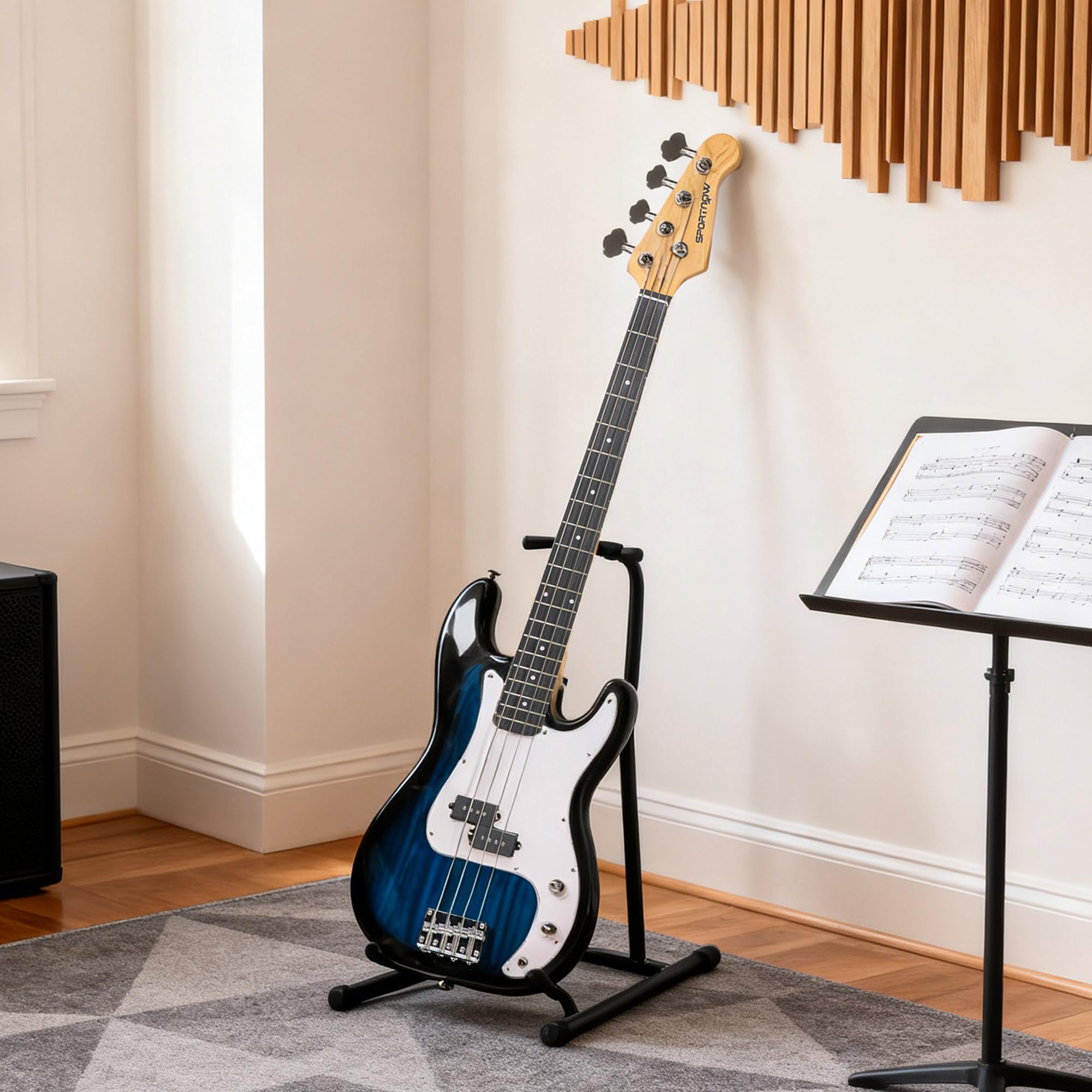 SPORTNOW Guitarra Bajo Eléctrico de 4 Cuerdas con Amplificador de 15W, Bolsa, Correa y Púas, Azul Oscuro | Bandolera, Púas