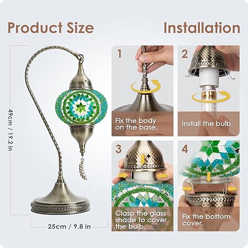 Miniatura 6 de Yarra-Decor Lámpara de mesa de mosaico turco marroquí con base de bronce, 3 opciones de color, hecha a mano, cuello de cisne, mosaico Tiffany,