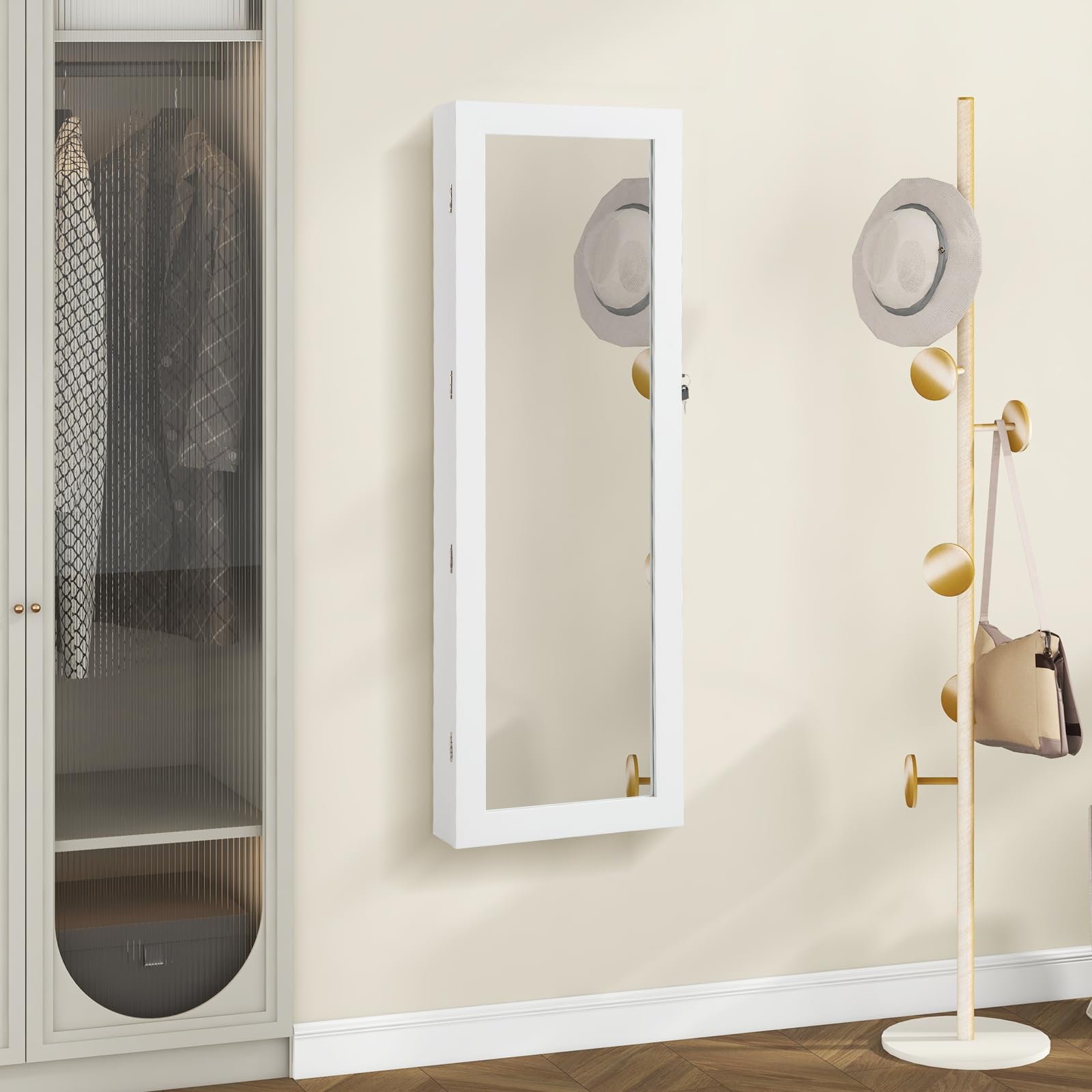 RELAX4LIFE Schmuckschrank hängend, Spiegelschrank mit 2 Schubladen & 2 LEDs & Schloss, Schmuckorganizer für Ohrringe & Armband & Kette & Ringe & Kosmetik, Tür- & Wandmontage (Weiß)