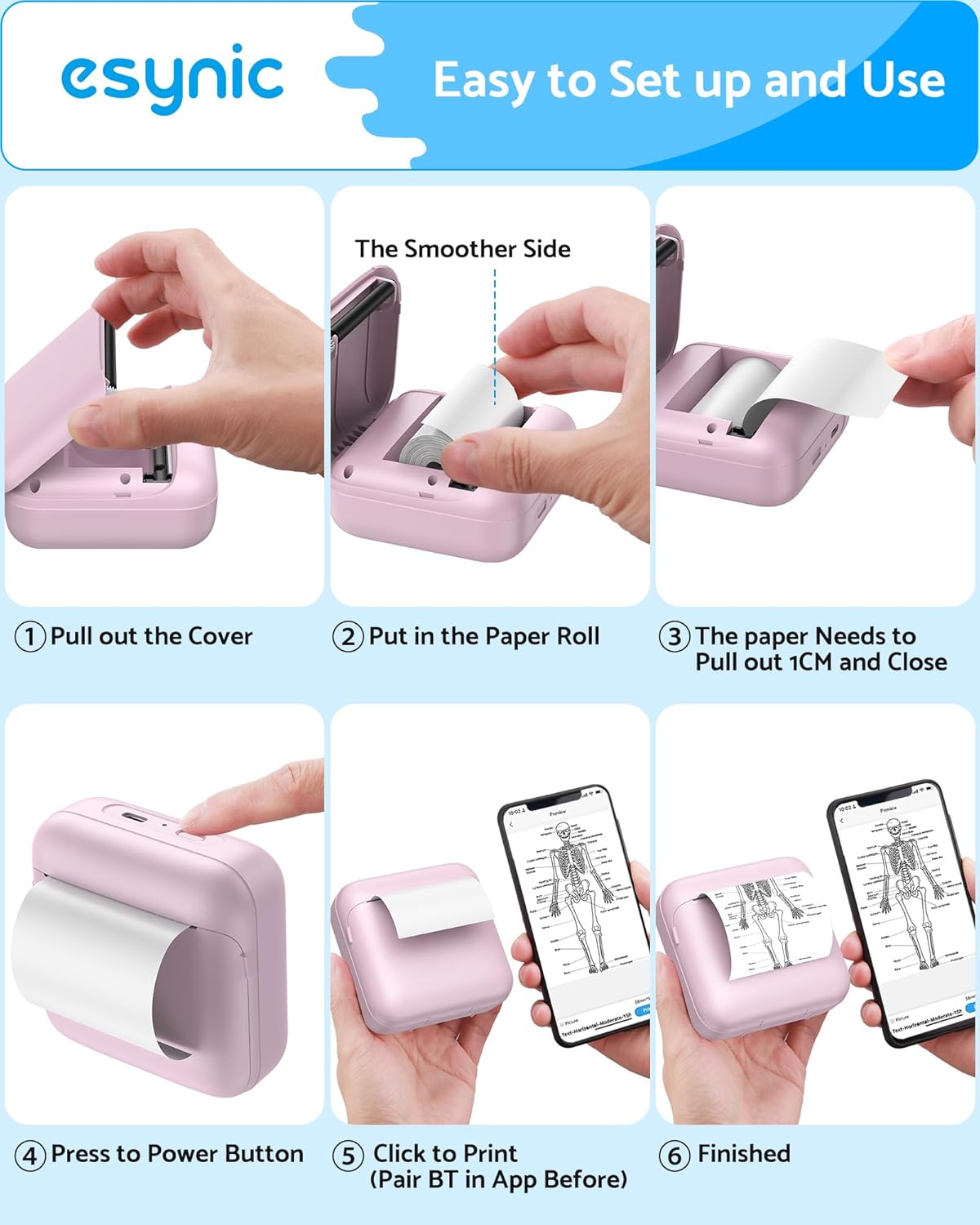 eSynic Mini Sticker Printer-1200mAh Rechargeable Battery-Bluetooth Portable Thermal Printer-Lnkless Printing- APP With 1000 Templates-5 Roll Adhesive & 5 Thermal Paper-6*Color Pens-for Notes/Photo etc - Image 4