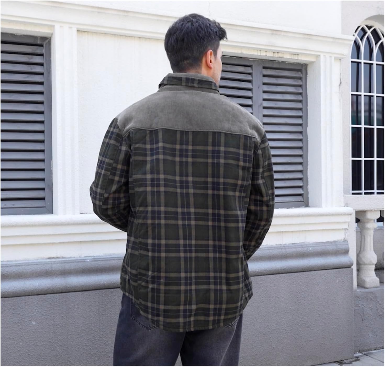 Men's Sherpa Fleece Lined Shirt Winter Outdoor Warm Flannel Jacket-Plaid Patchwork, Lapel Collar, Multi-Pocket - Image 2