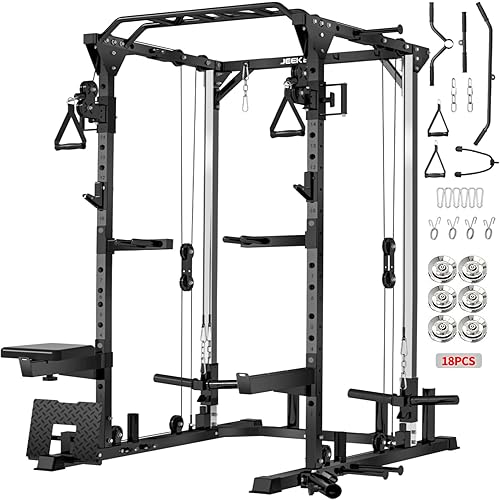 JEEKEE Power Cage with Cable Crossover System, 2000LB Multi-Function Power Rack with Independent Dual Pulleys, LAT Pulldown Seat Cushion, 20+ Attachments Squat Rack for Home Gym Workout