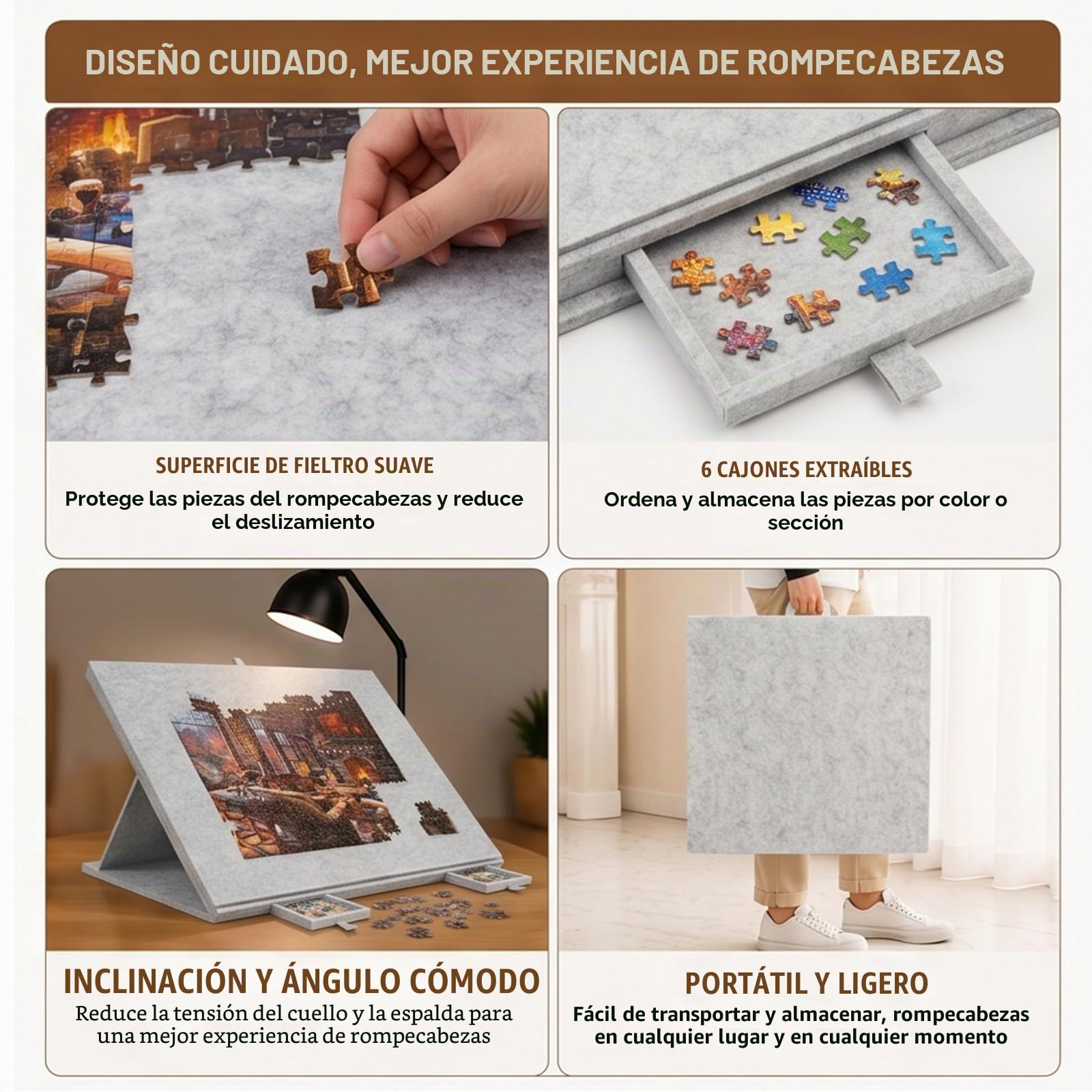 Tapete Puzzle 1000 Piezas con 6 Cajones y Tapa,Soporte Inclinable | Portátil Mesa Puzzle Plegable con Soporte Antideslizante,Tablero Rompecabezas Portátil para Adultos y Niños(Gris)