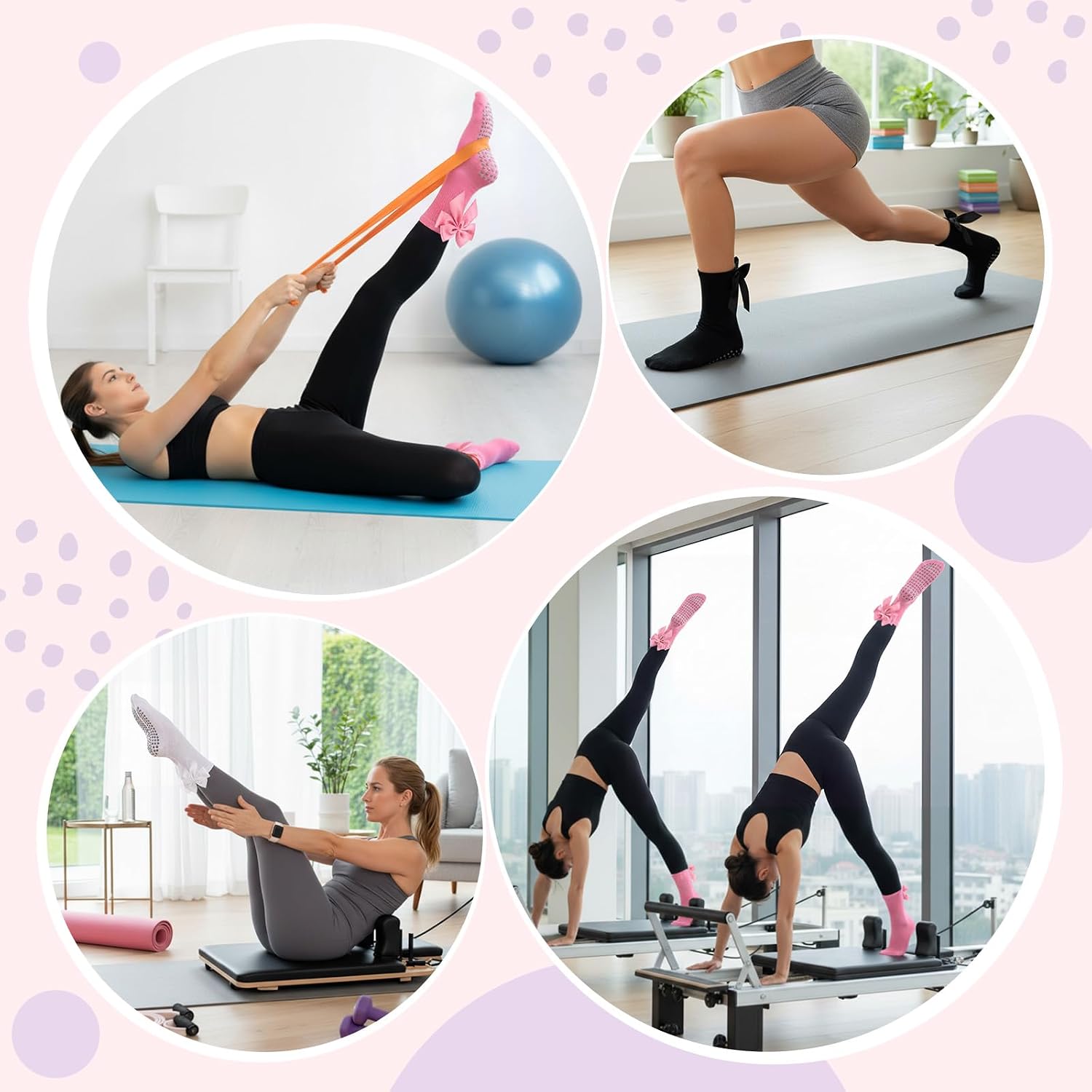 Cutecrop 3 Pairs Pilates Socks Non Slip Yoga Crew Sock Coquette Satin Bow Pilates Grip Socks for Women Ballet Athletic Gifts