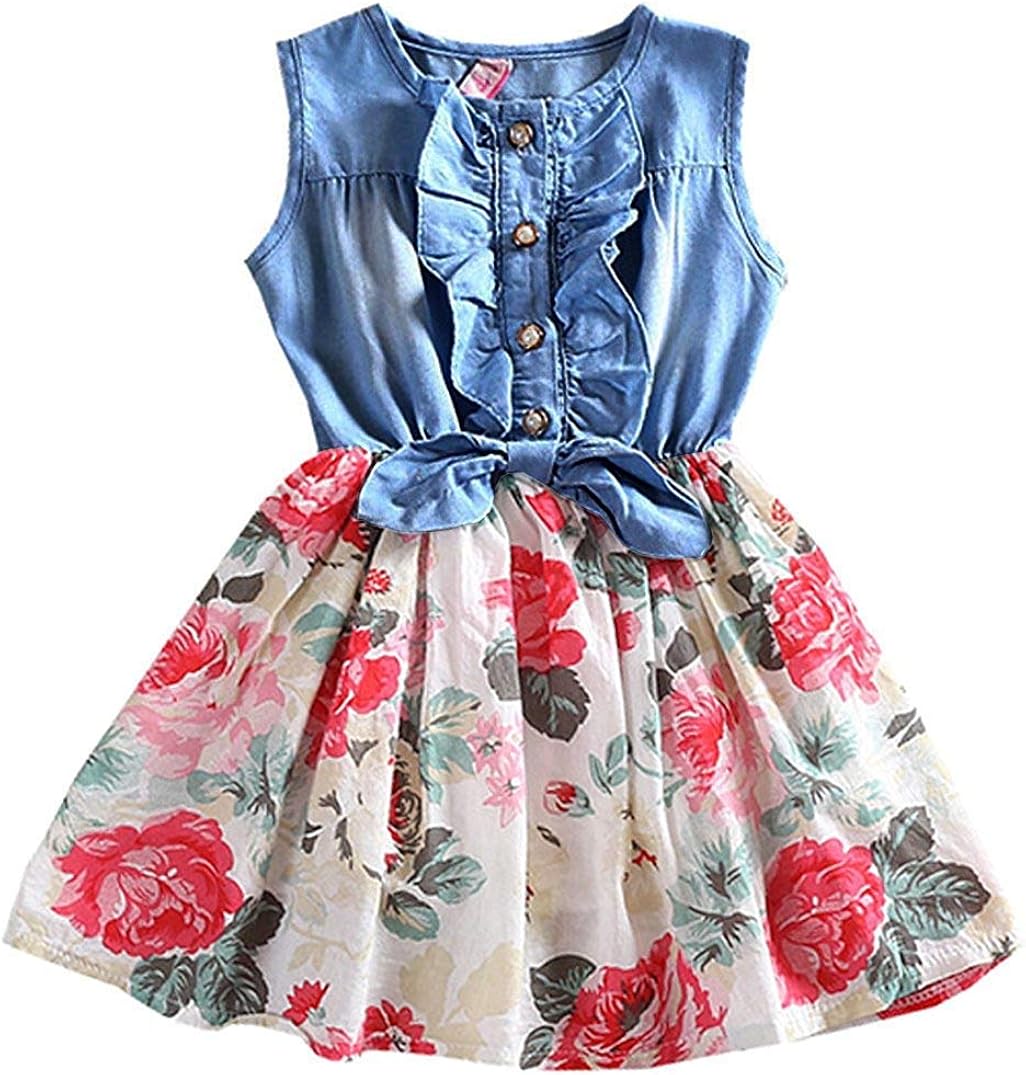 Qmislg Girls Denim Dresses Summer Dress Denim Floral Swing Skirt Tutu Dress
