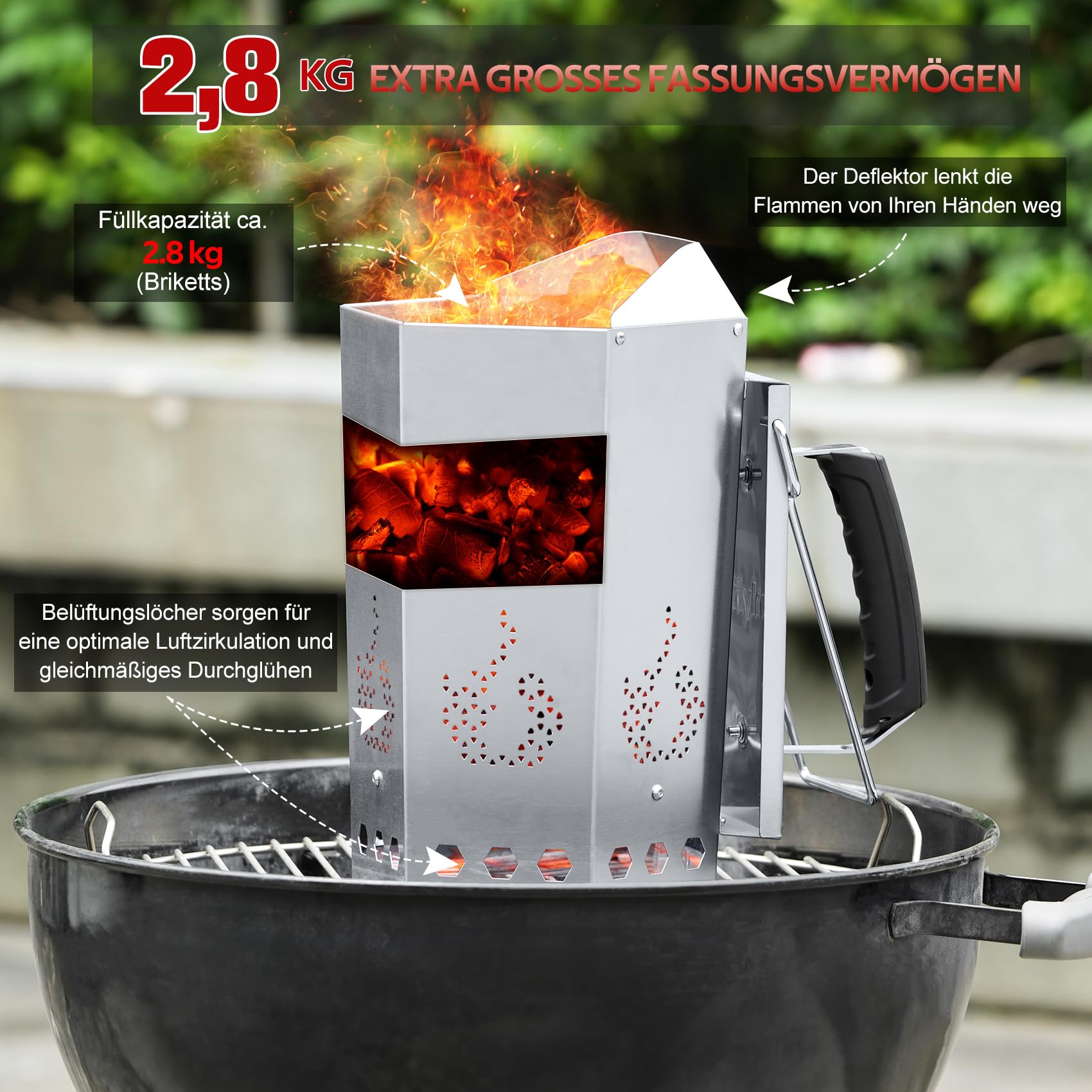 onlyfire Anzündkamin Stahl, Kompakter Grillkohleanzünder mit Griff Hitzeschutzblech, Haltebügel, Rapidfire Grillstarter für Holzkohlegrills, Rapidfire Chimney Starter, Kohlestarter für Holzkohle